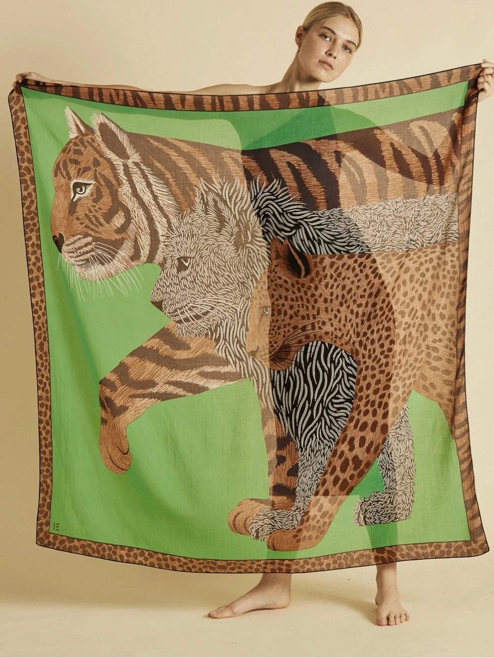 Inoui Editions Cheetah Square Large Big Cats Luxury Scarf - Green